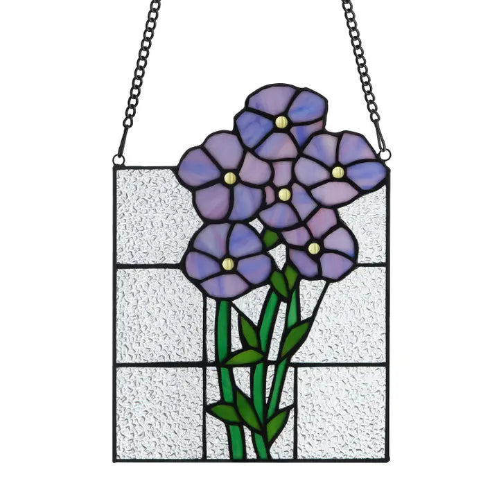 10" H Forget Me Not Purple Flower Stained Glass Window Panel