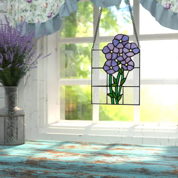 10" H Forget Me Not Purple Flower Stained Glass Window Panel