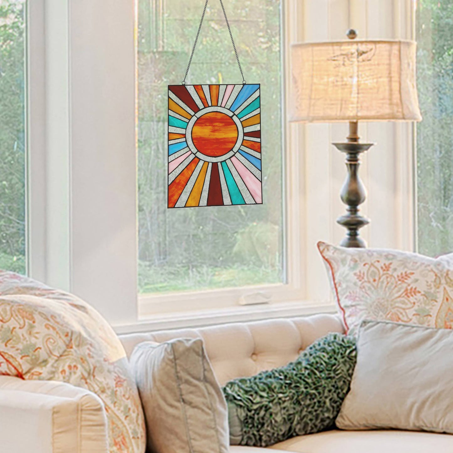 14.5"H Lila Multicolor Sunburst Stained Glass Window Panel