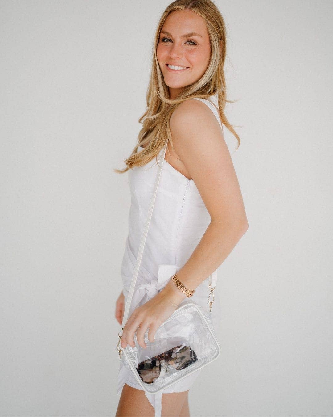 Bridget Clear Purse w/ White Vegan Leather Trim and Straps