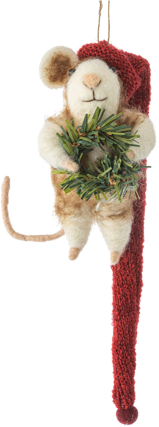 Mouse,long red knit Santa hat holding wreath