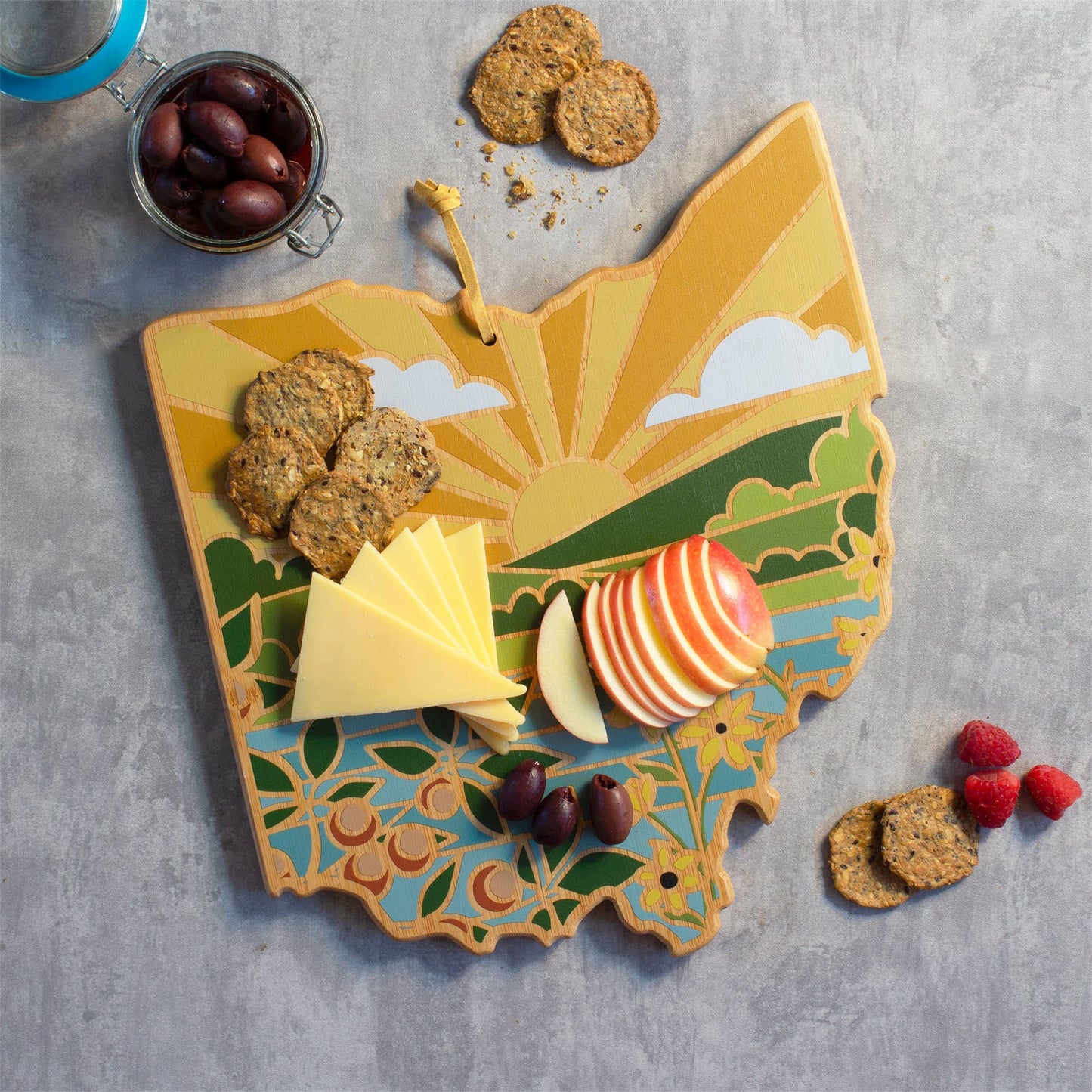 Ohio State Shaped Bamboo Charcuterie Board with Landscape Art by Summer Stokes