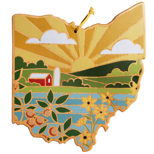 Ohio State Shaped Bamboo Charcuterie Board with Landscape Art by Summer Stokes