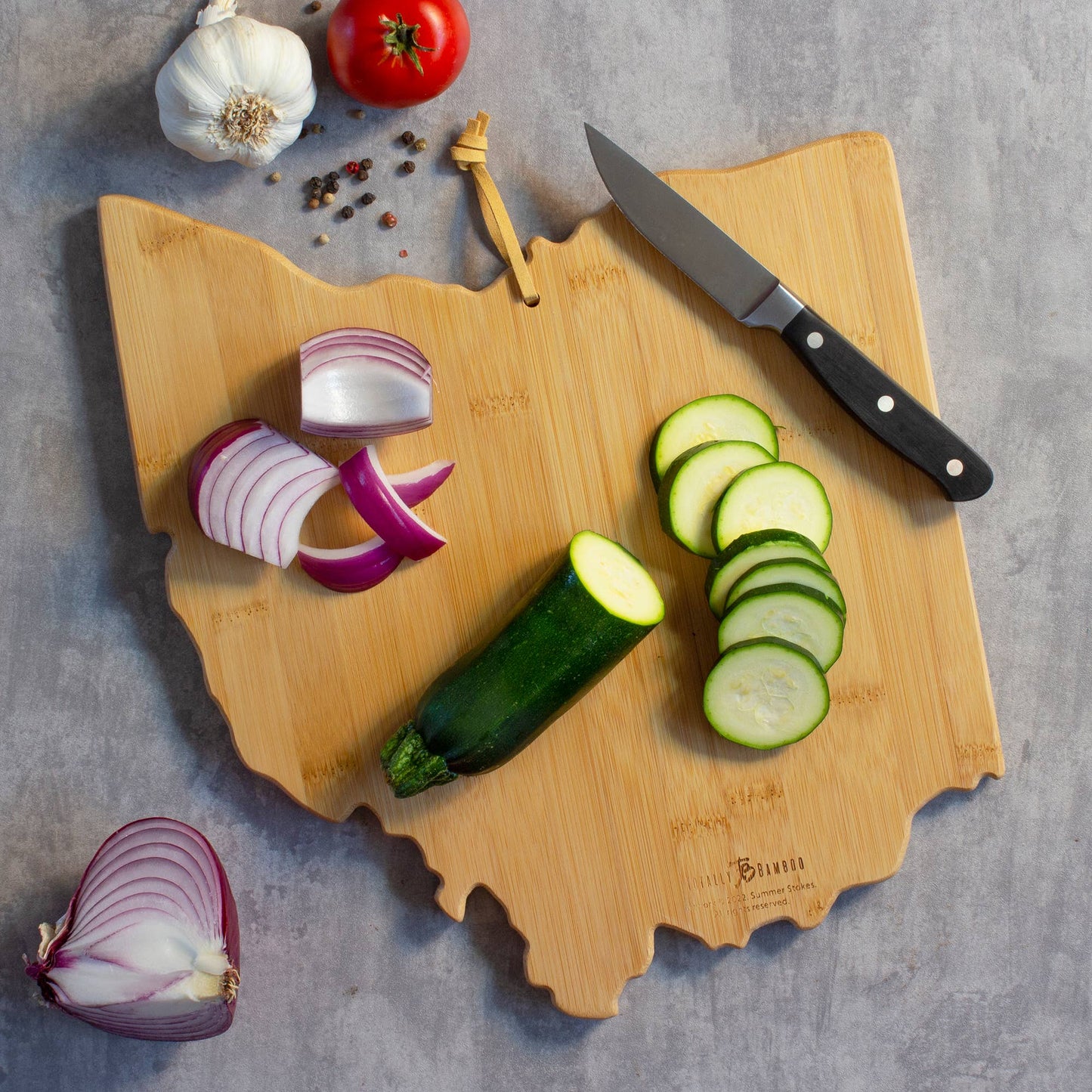 Ohio State Shaped Bamboo Charcuterie Board with Landscape Art by Summer Stokes