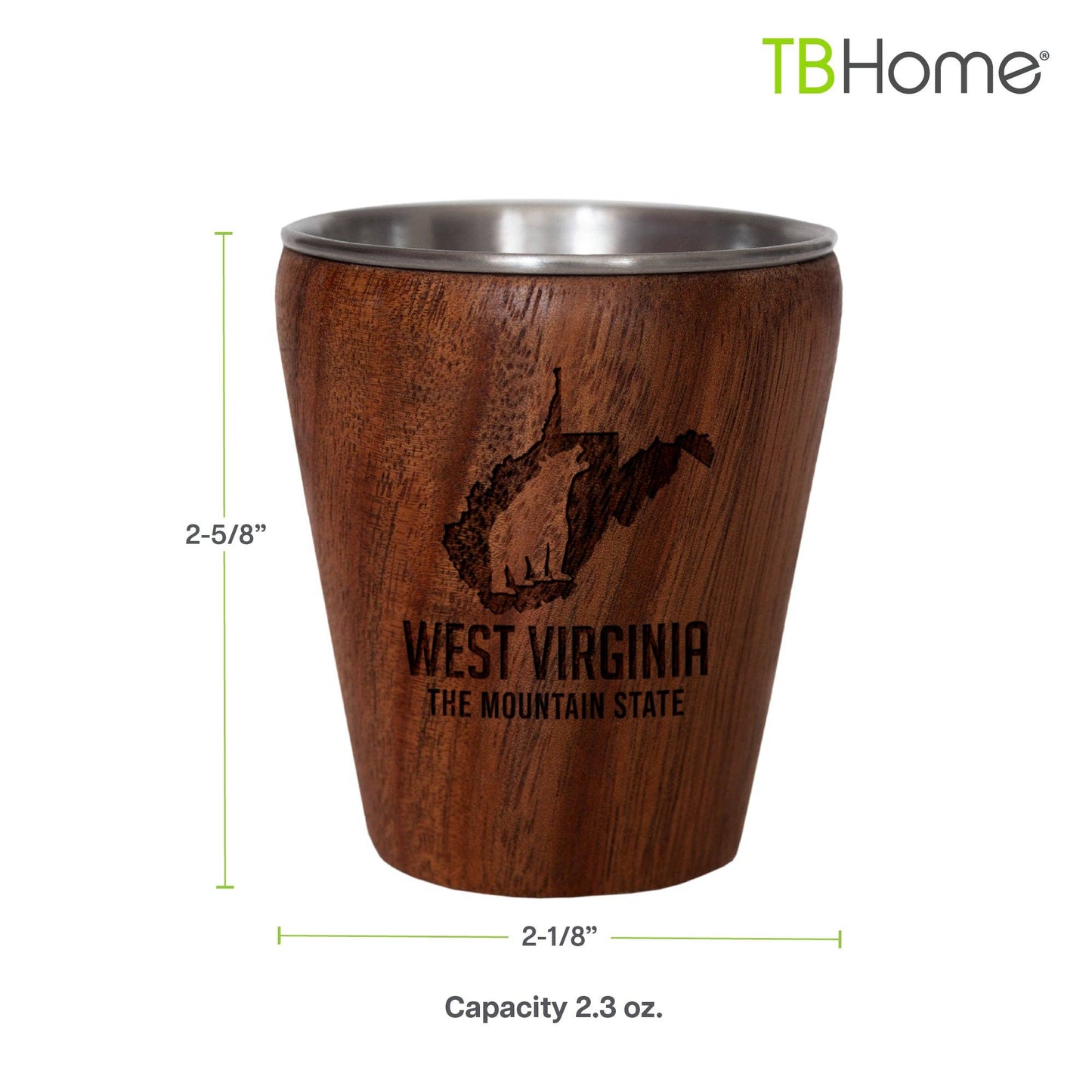 West Virginia Engraved Acacia Wood Shot Glass – Stainless Steel Interior